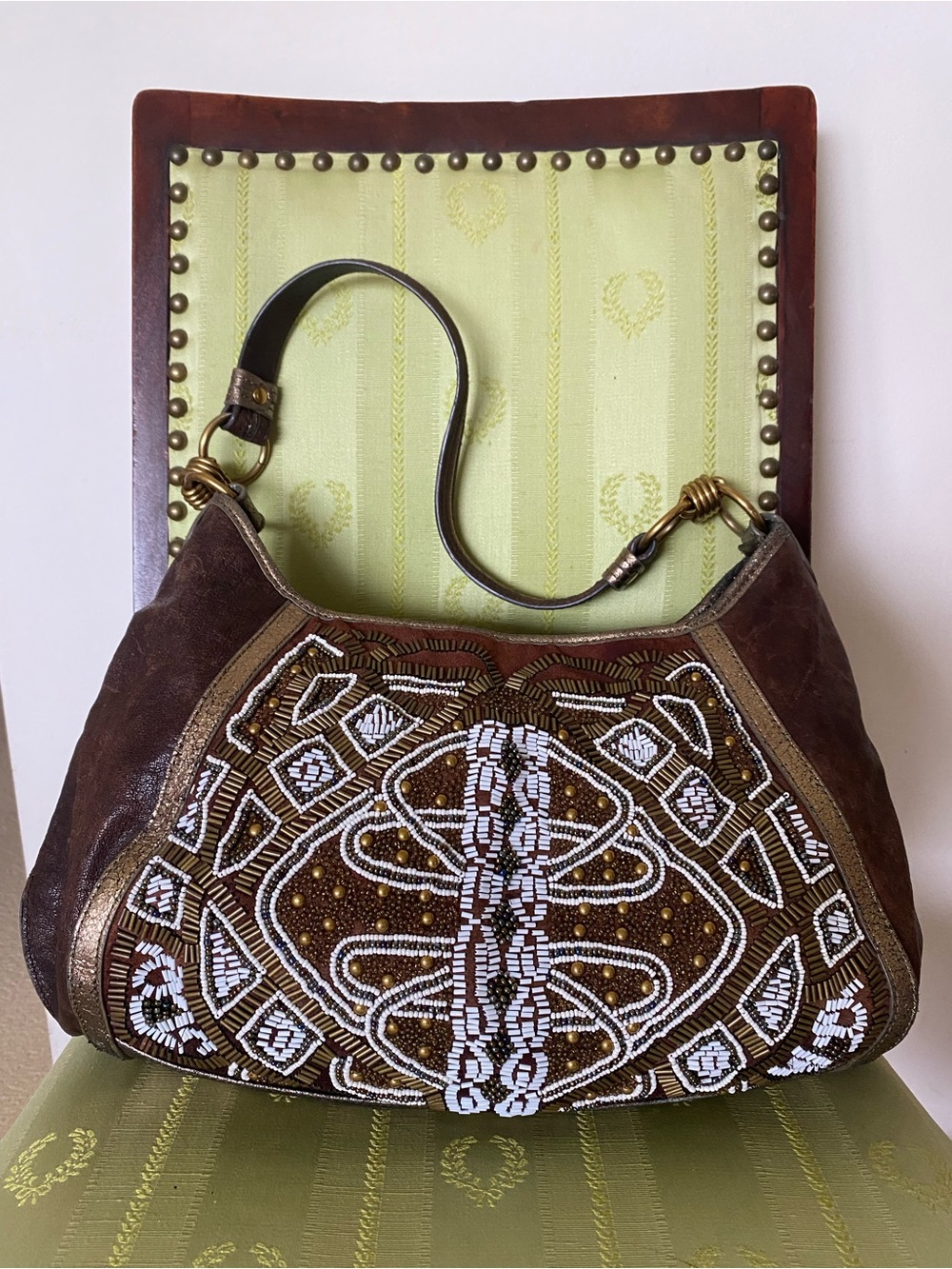 Isabella Fiore VTG Beaded Leather Hobo Shoulder Bag Brown Boho Metallic Art Deco